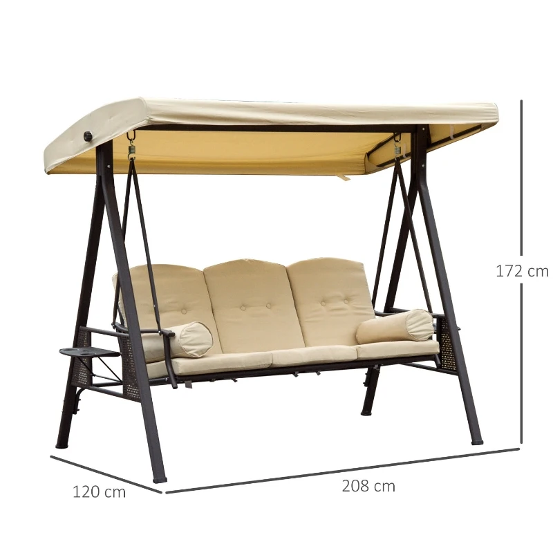 Outsunny Swing Chair Hammock 3 Seater Canopy Cushion Shelter Outdoor Bench Steel Beige Garden