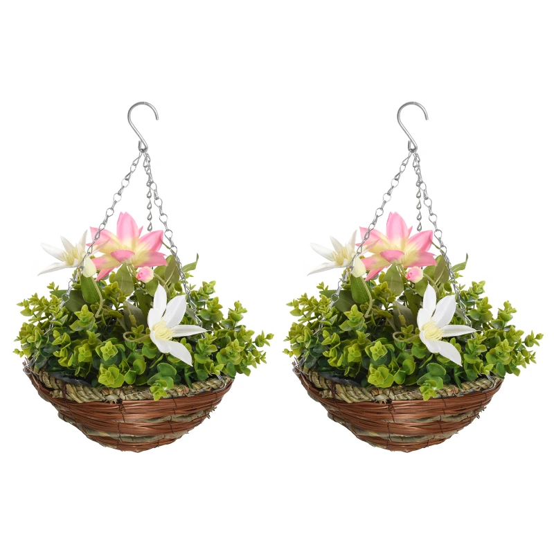 Outsunny 2 PCs Artificial Clematis Flower Hanging Planter Basket for Indoor Outdoor Décor