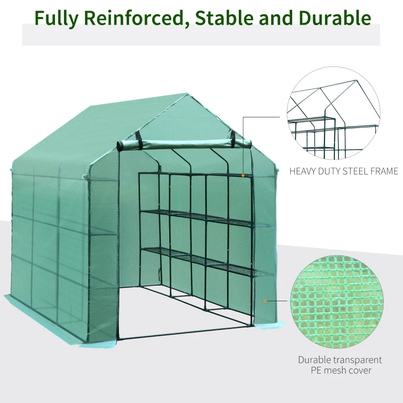 Outsunny Greenhouse W/ Shelves, Polytunnel, 244 x 182 x 213 cm-Green