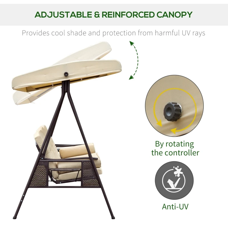 Outsunny Swing Chair Hammock 3 Seater Canopy Cushion Shelter Outdoor Bench Steel Beige Garden