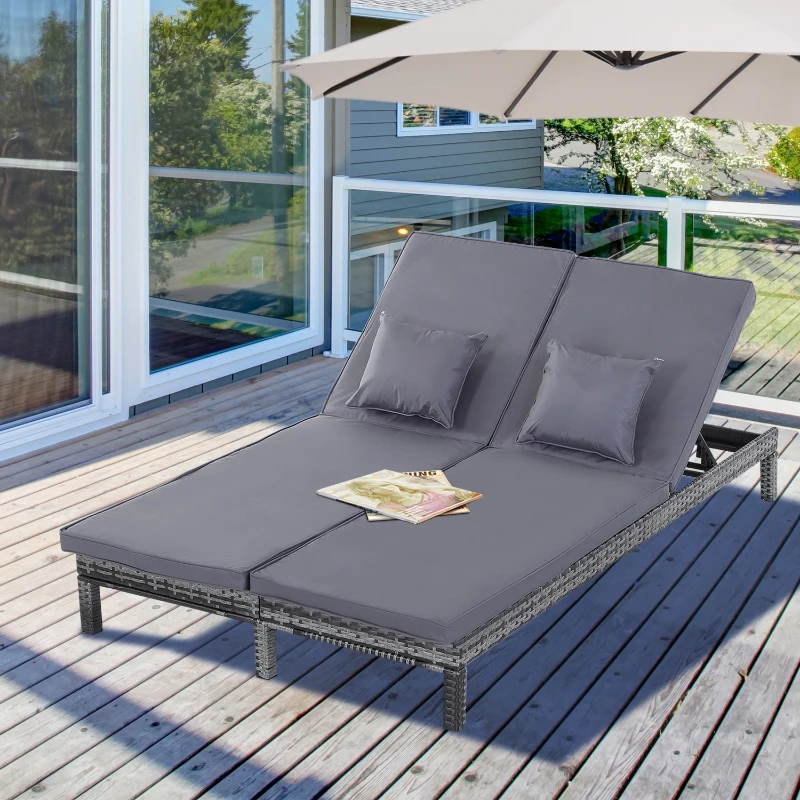 Outsunny 2 Person Rattan Lounger Adjustable Double Chaise Chair Loveseat w/ Cushion Grey