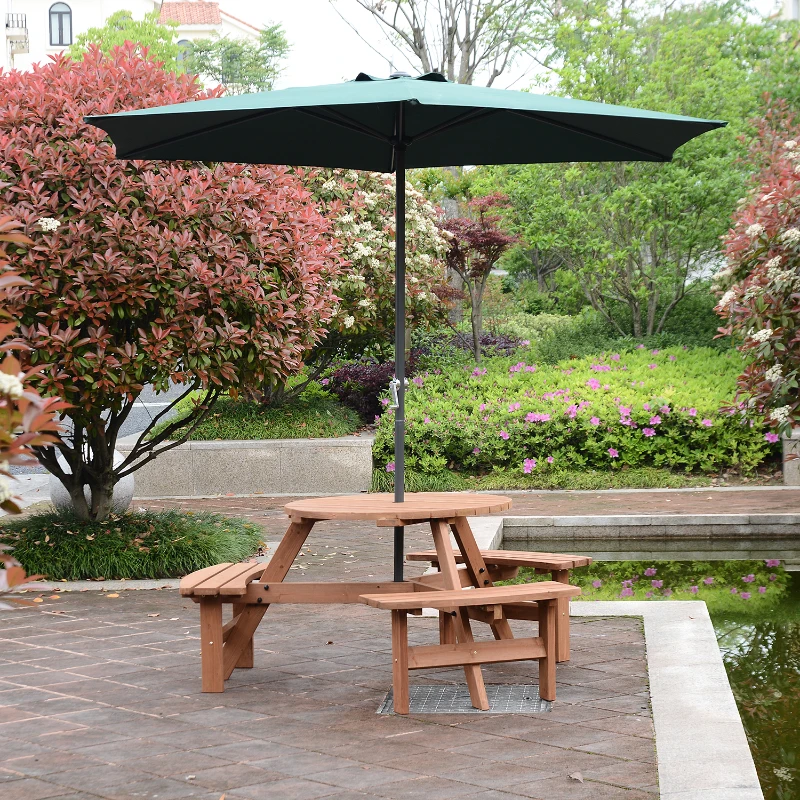 Outsunny Round Table W/3 Attached Benches-Fir Wood