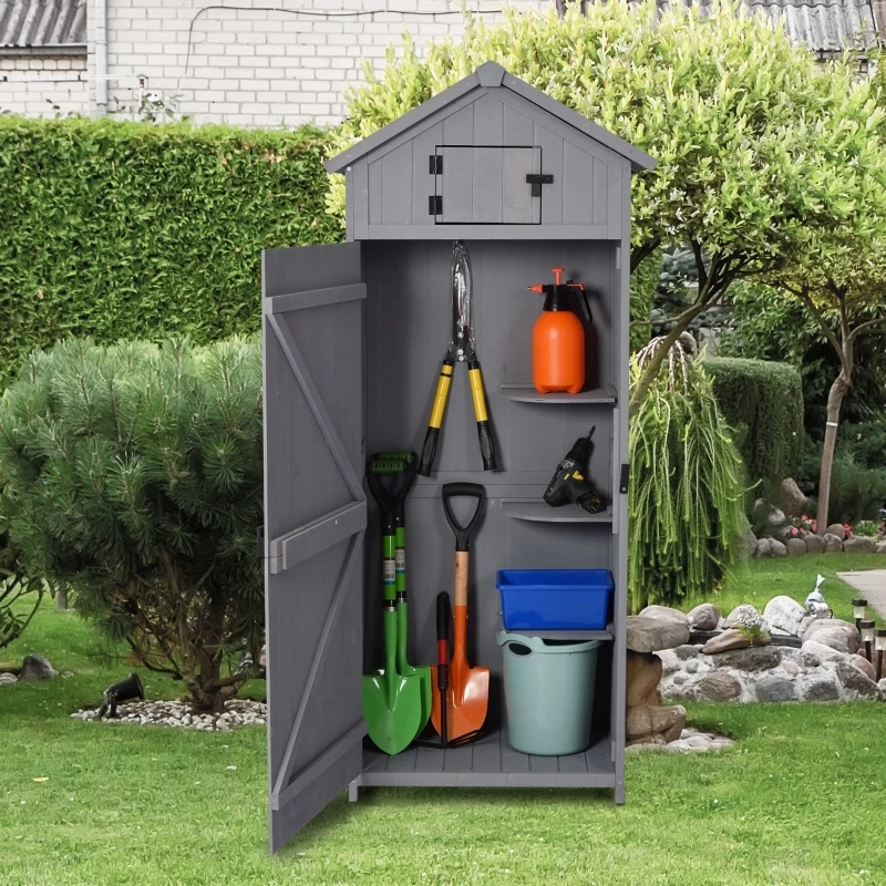 Outsunny Garden Shed Tool Room Storage House Water-resistant Spire Roof Pine Cedarwood -Grey