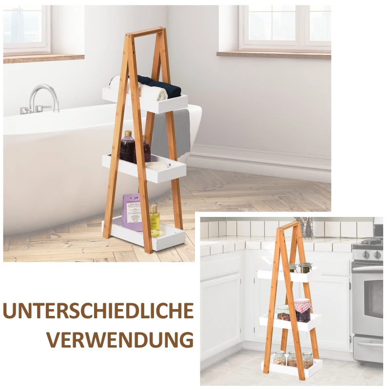 Kleankin badkamermeubel met 3 niveaus trapvormige stelling badkamer bamboe wit