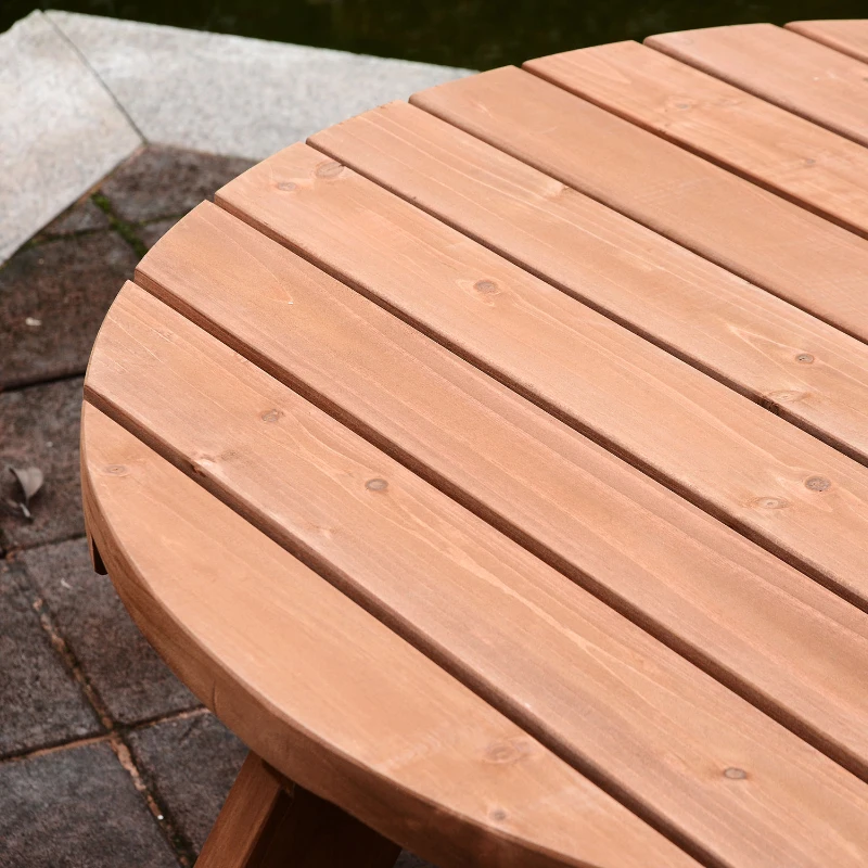 Outsunny Round Table W/3 Attached Benches-Fir Wood