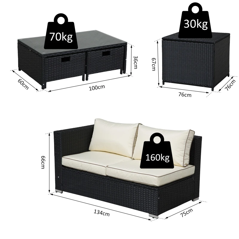 Outsunny 4 pcs Rattan Furniture Sofa Storage Table Set w/ 2 Drawers Corner Table Black