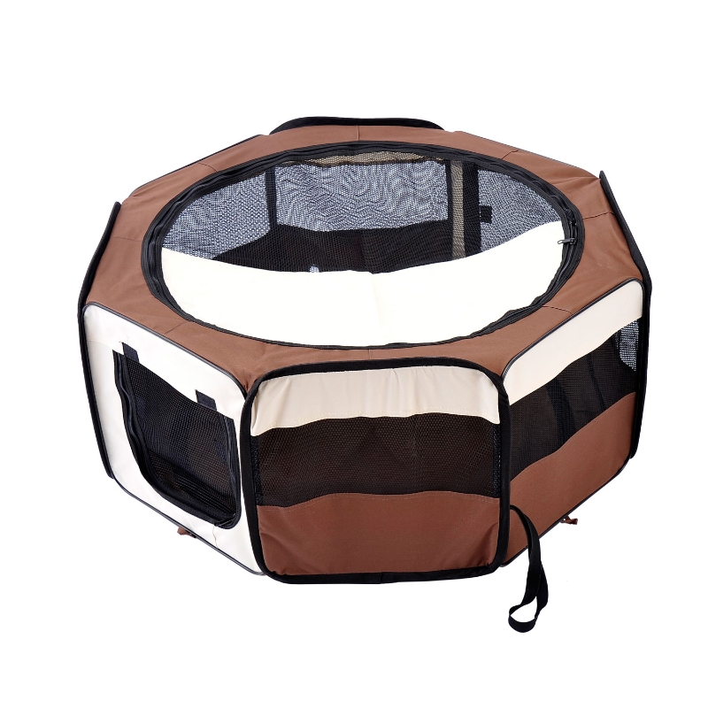 Pawhut Fabric Pet Dog Playpen 8 Panels Portable (37cm x37cm x95cm)-Brown/Cream