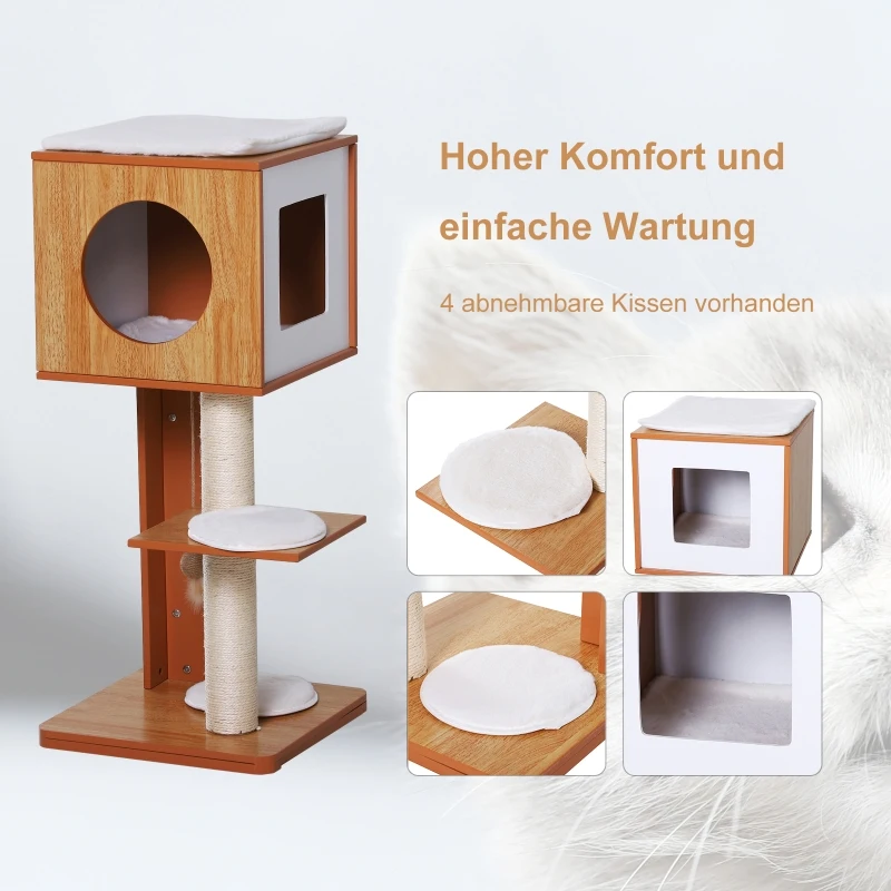 PawHut Krabpaal met grot & sisal paal kattenboom kattenmeubel 4 kussens MDF