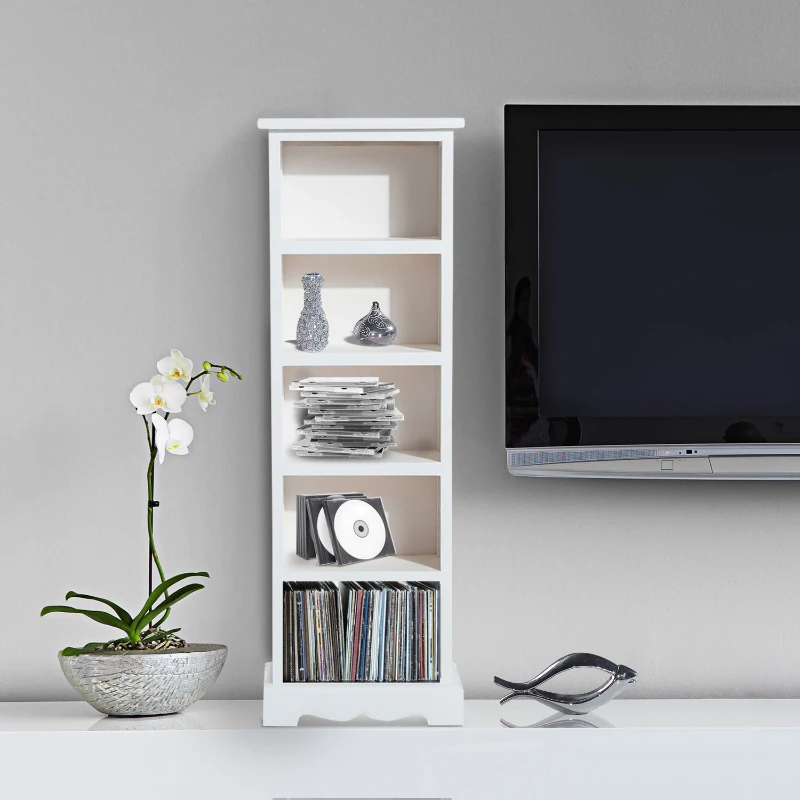 cd vrijstaande stelling cd-houder plank voor 115 cd's houten plank 5 vakken wit 30x17x90cm