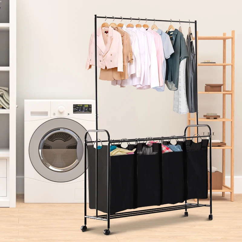 Wasmand wassorteerder waswagen kledingstang 4 sorteervakken op wielen