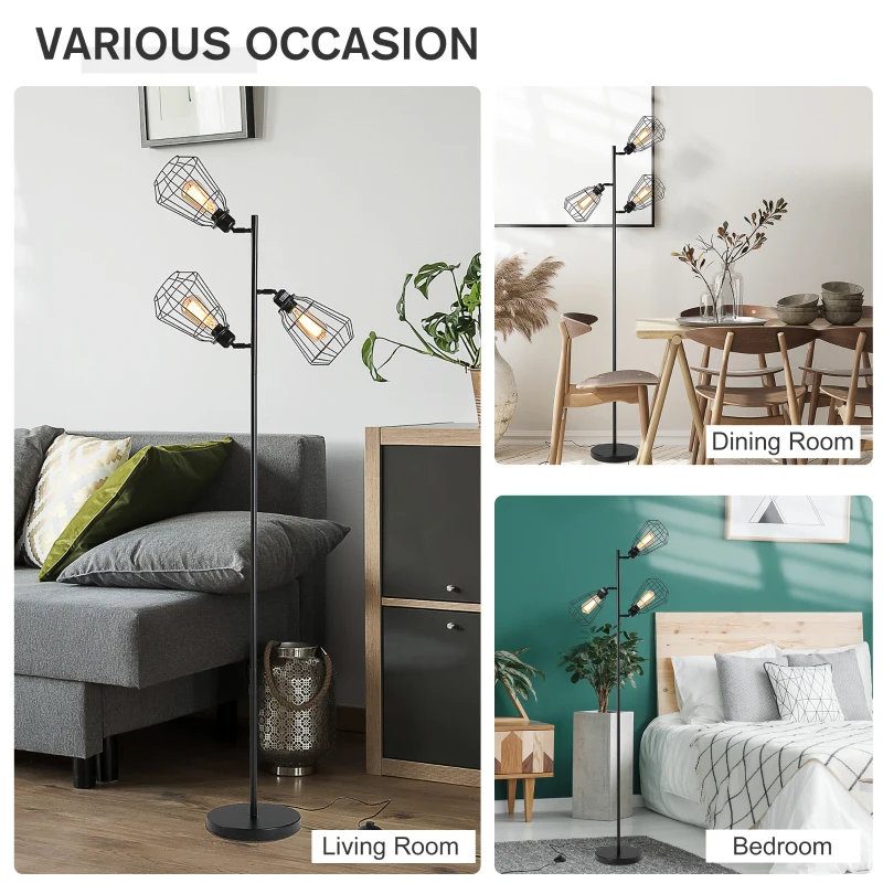 HOMCOM Retro Practical Tree Floor Lamp 3 Angle Adjustable Lampshade Steel Base, 165cm, for Living Room Bedroom Office, Black