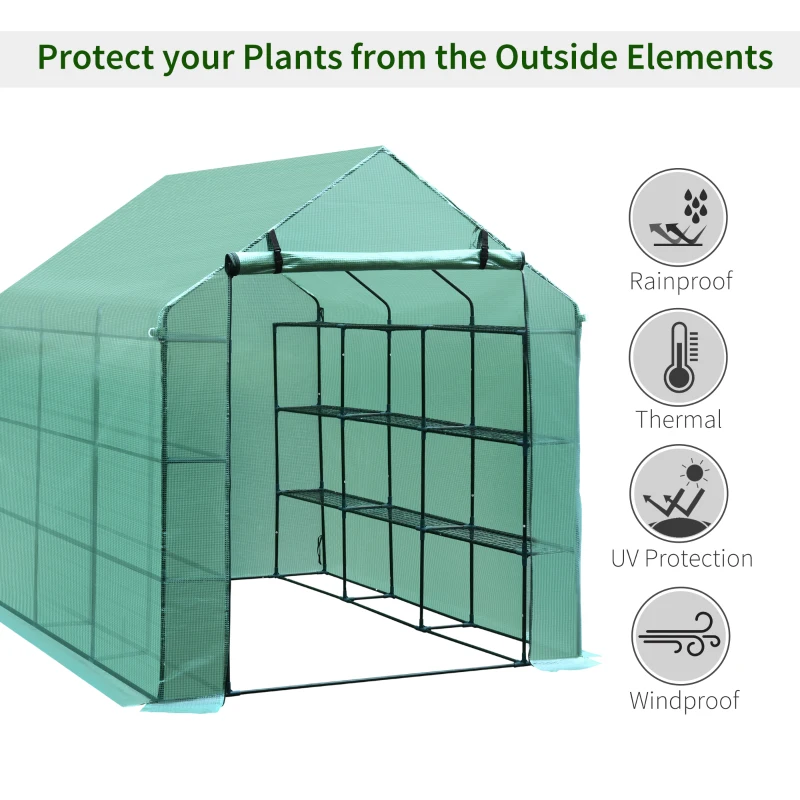 Outsunny Greenhouse W/ Shelves, Polytunnel, 244 x 182 x 213 cm-Green