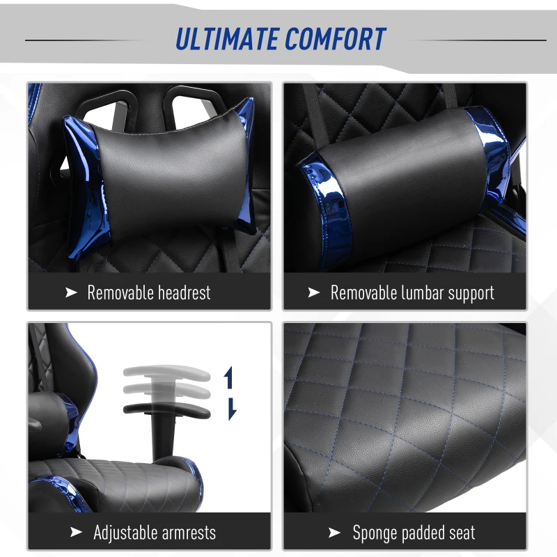 Vinsetto PU Leather Holographic Accent Gaming Chair w/ Pillows Blue