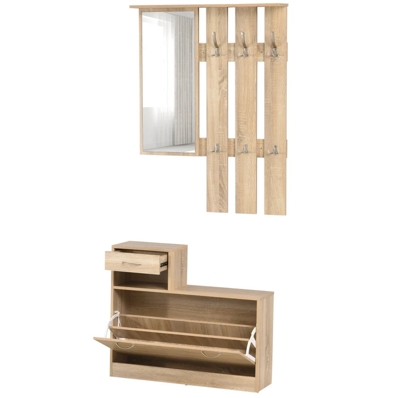 HOMCOM 3-in-1 garderobeset garderobe voor in de hal met schoenenkast wandspiegel garderobe 6 haken naturel 30,5 x 75,5 cm (spiegel)