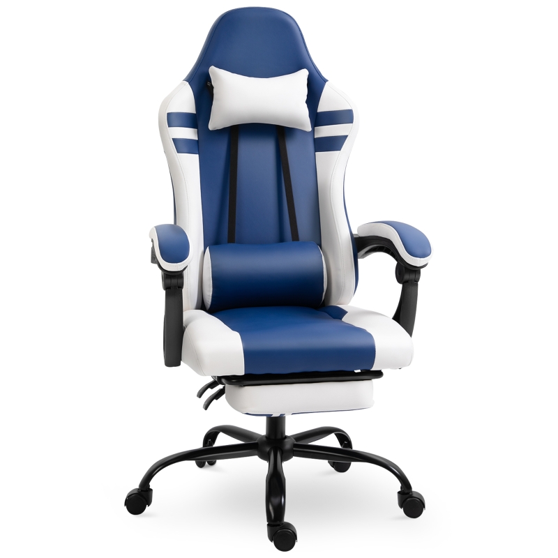 Vinsetto PU Leather Ergonomic Reclining Gaming Chair w/ Retractable Footrest Blue/White