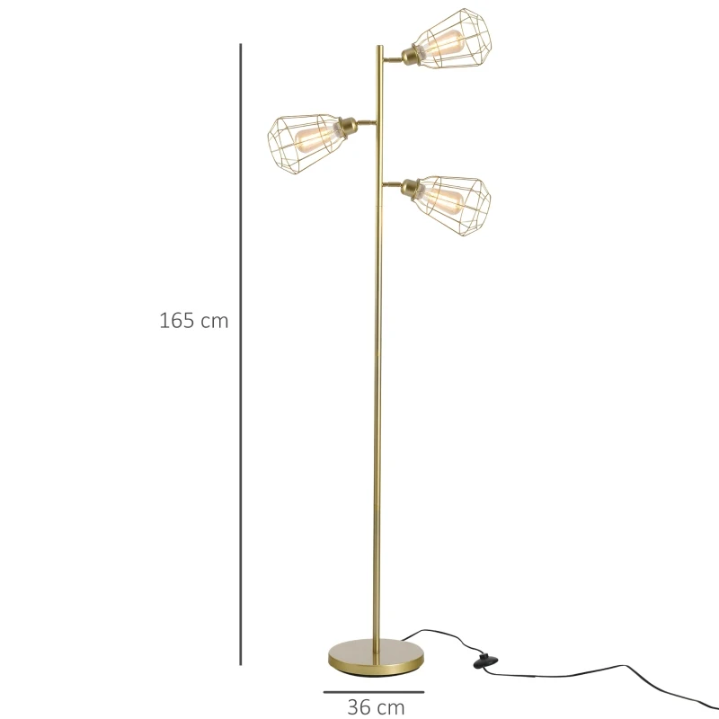 HOMCOM Modern Floor Lamp, 3-Light Standing Lamp, Gold Tone Finish, Steel Frame, Foot Switch, Round Base, E27 Living Room Gold