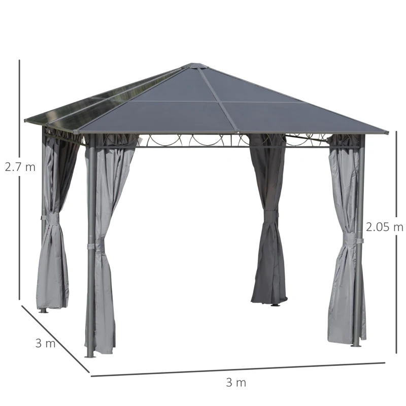 Outsunny 3 x 3(m) Hardtop Gazebo for Garden Party with Polycarbonate Roof Curtains