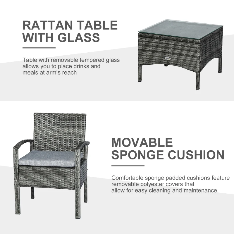 Outsunny 3 Pieces Rattan Set Furniture Garden Cushion Bistro Wicker Patio Outdoor-Mixed Grey