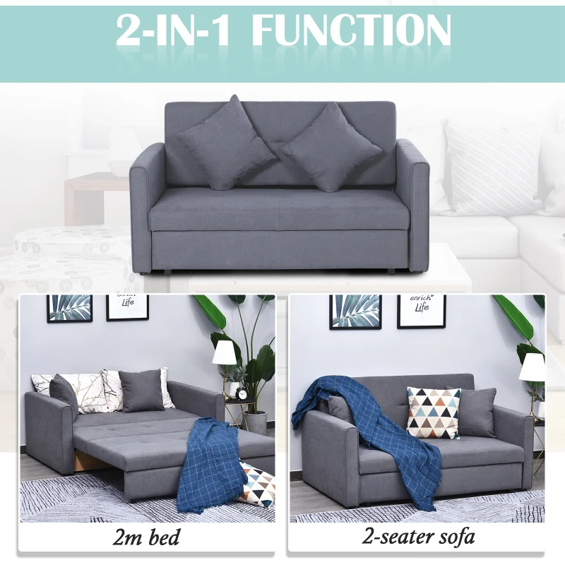 HOMCOM Cotton Upholstered Solid Wood 3-in-1 2-Seater Sofa Bed Grey