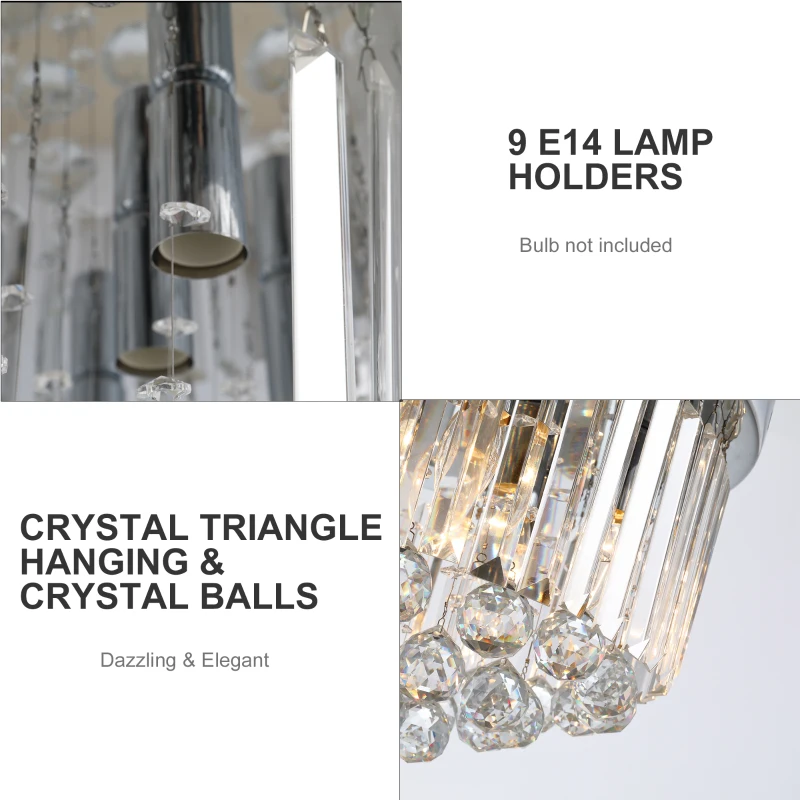 HOMCOM Luxurious Crystal Ceiling Light Chandelier for Living Room Kitchen Hall Silver