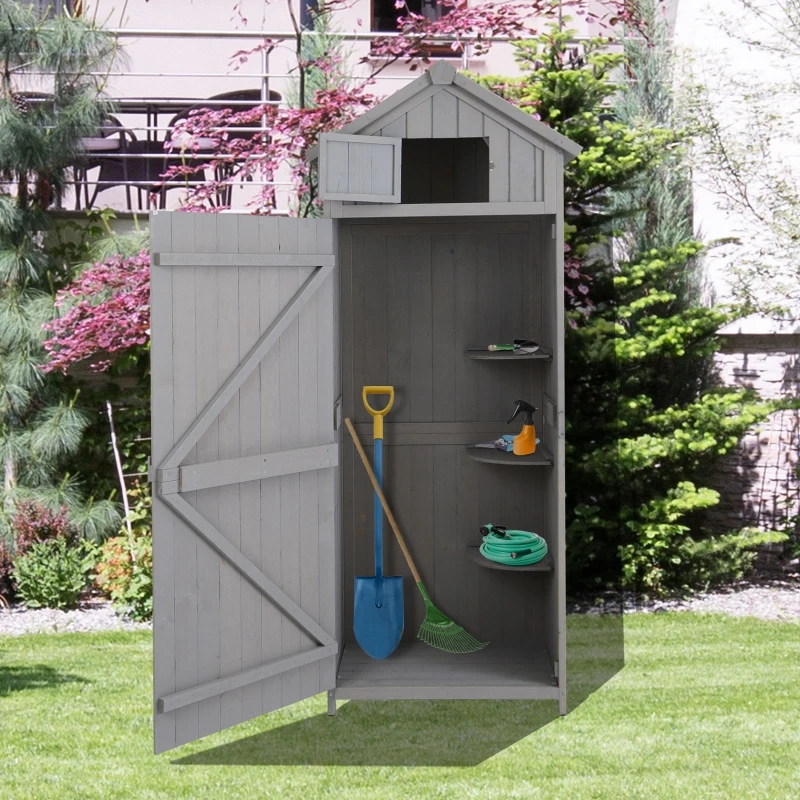 Outsunny Garden Shed Tool Room Storage House Water-resistant Spire Roof Pine Cedarwood -Grey