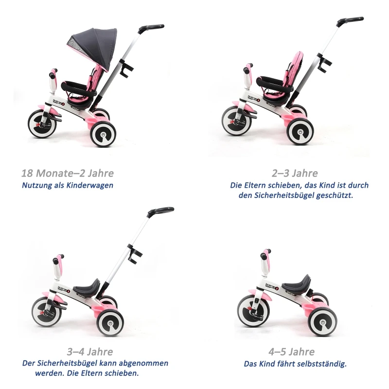 HOMCOM 4-in-1 kinderdriewieler duwstang voor kinderdriewieler met dakje