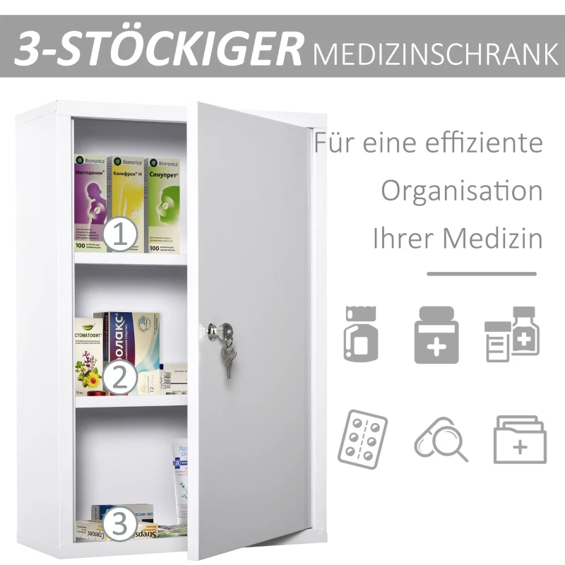 kleankin Medicijnkastje met Slot 3 Schappen Staal Wit 40 x 18 x 60 cm(m-5)