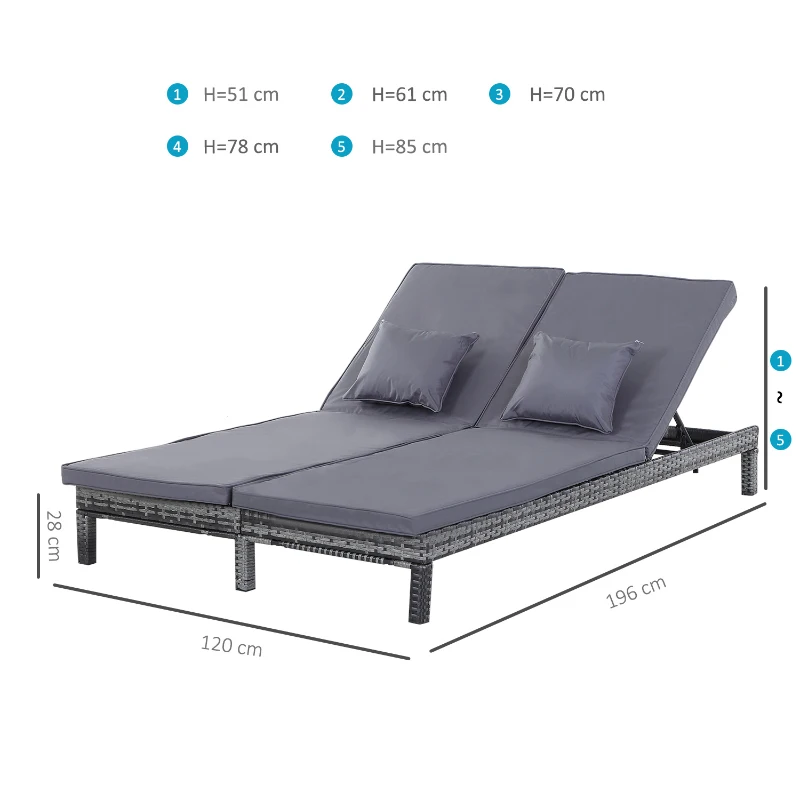 Outsunny 2 Person Rattan Lounger Adjustable Double Chaise Chair Loveseat w/ Cushion Grey