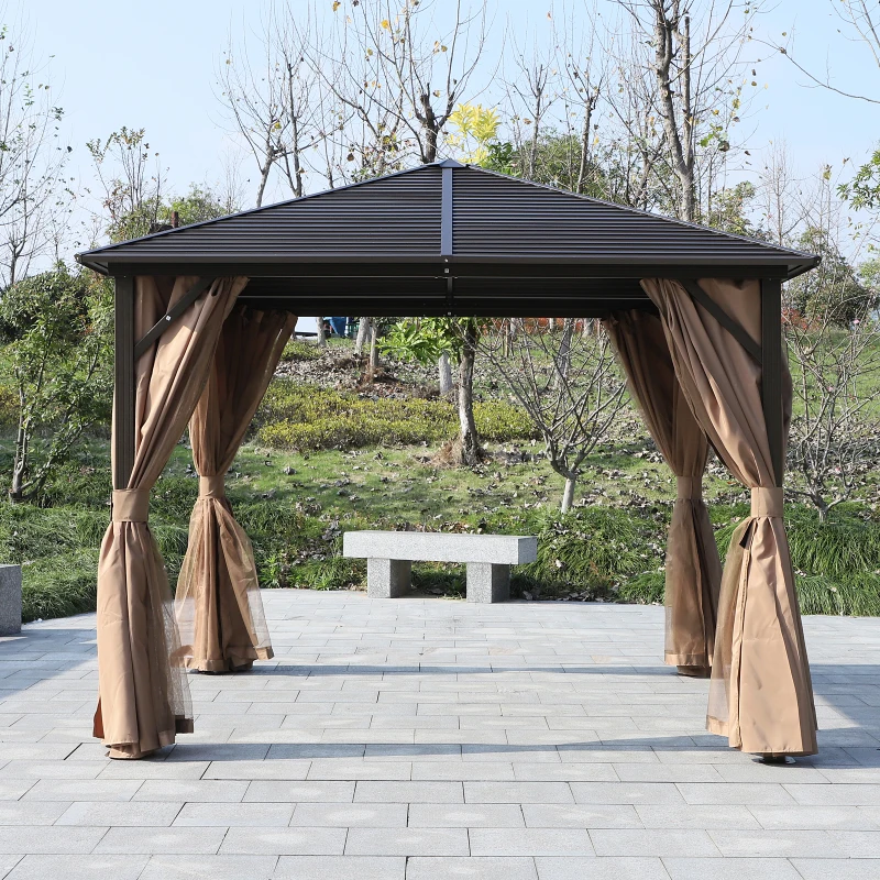 Outsunny Steel Hardtop Gazebo Patio Tent Outdoor Sun Shelter Aluminum w/ Curtain