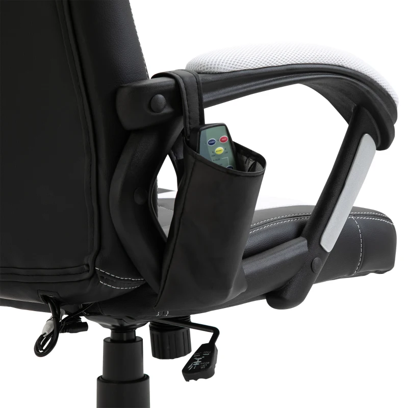 HOMCOM Bureaustoel Massagestoel met 6 Vibratiepunten Ergonomische Gaming Stoel met Verwarmingsfunctie Kunstleer Wit 68 x 69 x 108-117cm