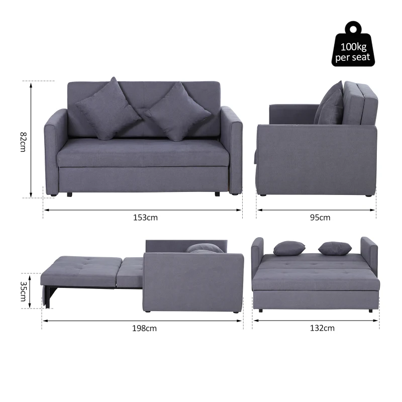 HOMCOM Cotton Upholstered Solid Wood 3-in-1 2-Seater Sofa Bed Grey