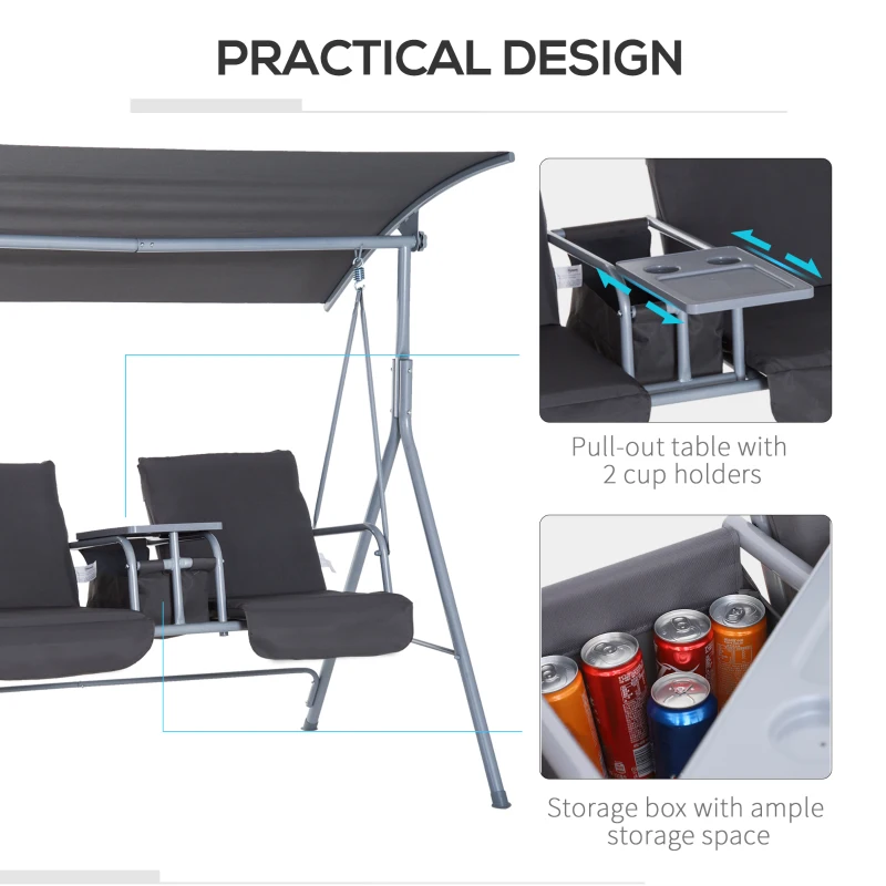 Outsunny Steel Frame 2-Seater  Swing Chair w/ Table Grey