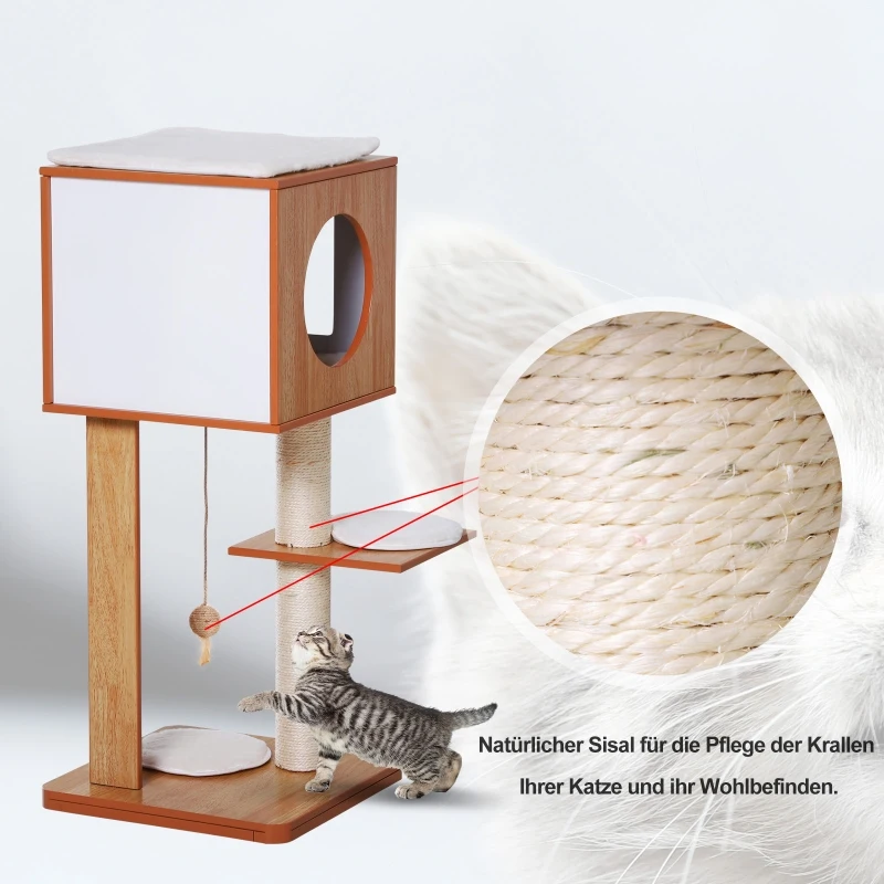 PawHut Krabpaal met grot & sisal paal kattenboom kattenmeubel 4 kussens MDF