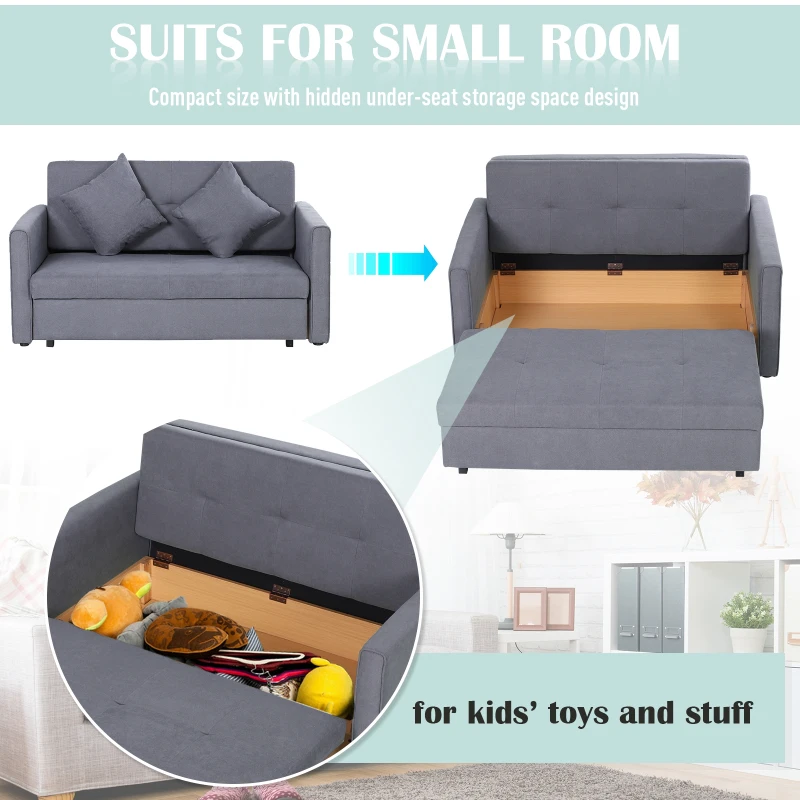 HOMCOM Cotton Upholstered Solid Wood 3-in-1 2-Seater Sofa Bed Grey