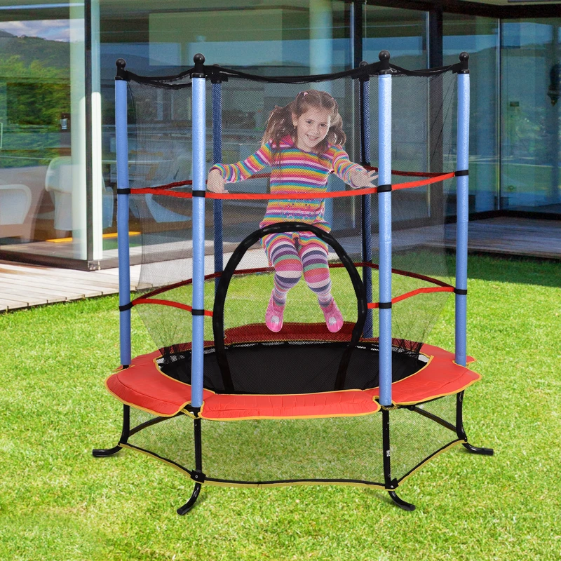 HOMCOM 55" 4.5ft Junior Kids Trampoline With Safety Net Enclosure & Cover Garden Outdoors Round Bouncer Rebounder - Black/Red/Blue