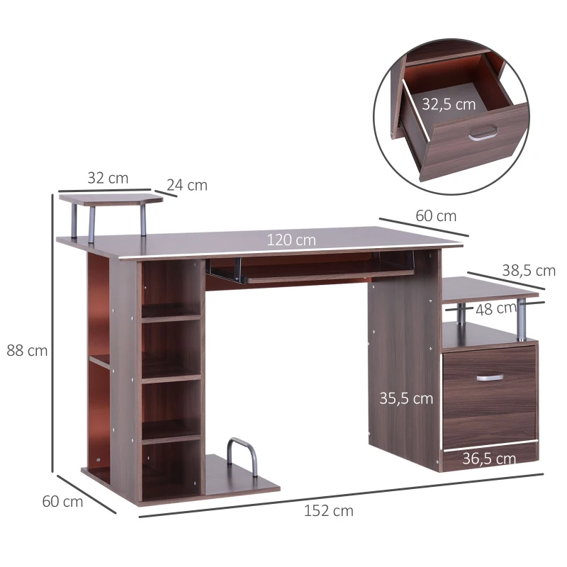 HOMCOM Computertafel bureau kantoortafel PC-tafel werktafel hout bruin