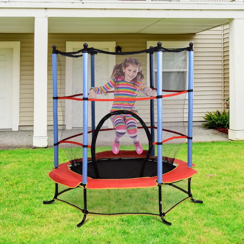 HOMCOM 55" 4.5ft Junior Kids Trampoline With Safety Net Enclosure & Cover Garden Outdoors Round Bouncer Rebounder - Black/Red/Blue