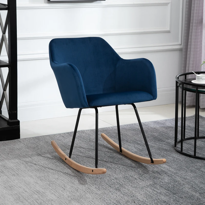 HOMCOM Rocking Armchair with Wooden Leg Metal Frame for Home Office Blue