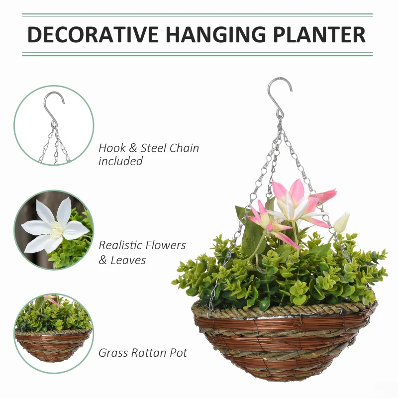 Outsunny 2 PCs Artificial Clematis Flower Hanging Planter Basket for Indoor Outdoor Décor