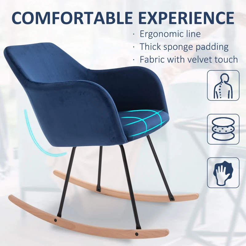 HOMCOM Rocking Armchair with Wooden Leg Metal Frame for Home Office Blue