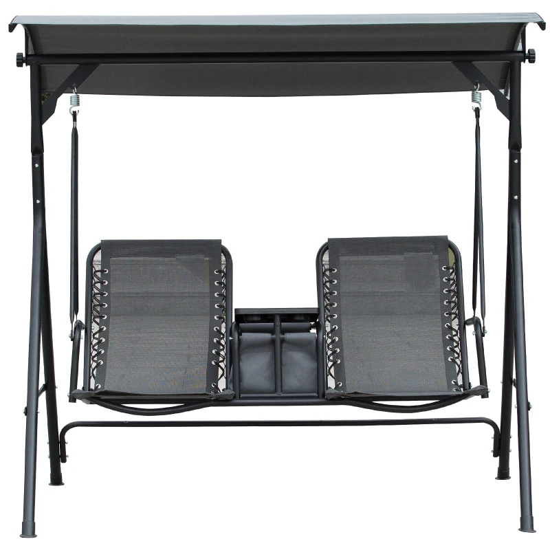 Outsunny 2-Seat Swing Chair Middle Table Steel Frame Adjustable Canopy Sling Seats Grey