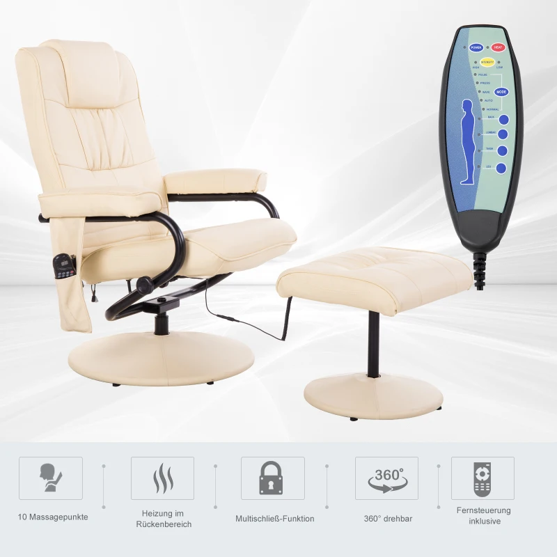 HOMCOM Massagestoel incl. krukje tv-stoel relaxstoel met warmtefunctie wit