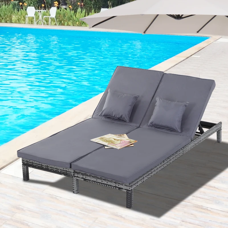 Outsunny 2 Person Rattan Lounger Adjustable Double Chaise Chair Loveseat w/ Cushion Grey