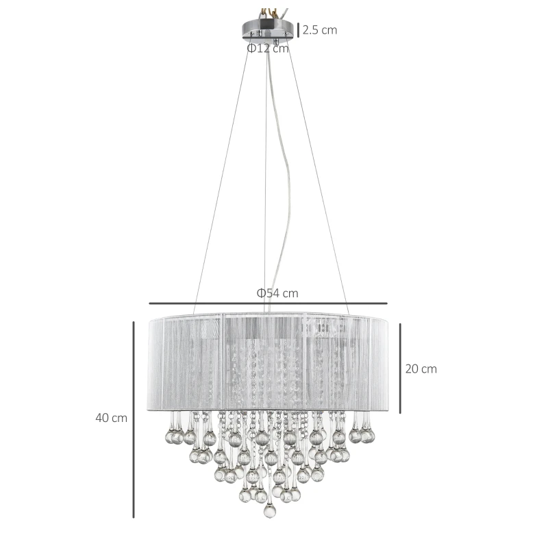 HOMCOM Crystal Glass Droplet Ceiling Pendant w/ Drum Shade Silver