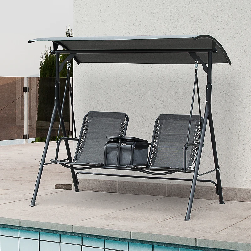 Outsunny 2-Seat Swing Chair Middle Table Steel Frame Adjustable Canopy Sling Seats Grey