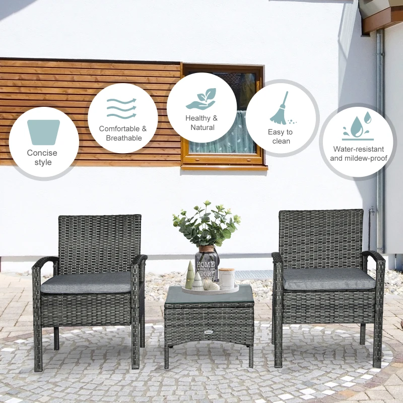 Outsunny 3 Pieces Rattan Set Furniture Garden Cushion Bistro Wicker Patio Outdoor-Mixed Grey