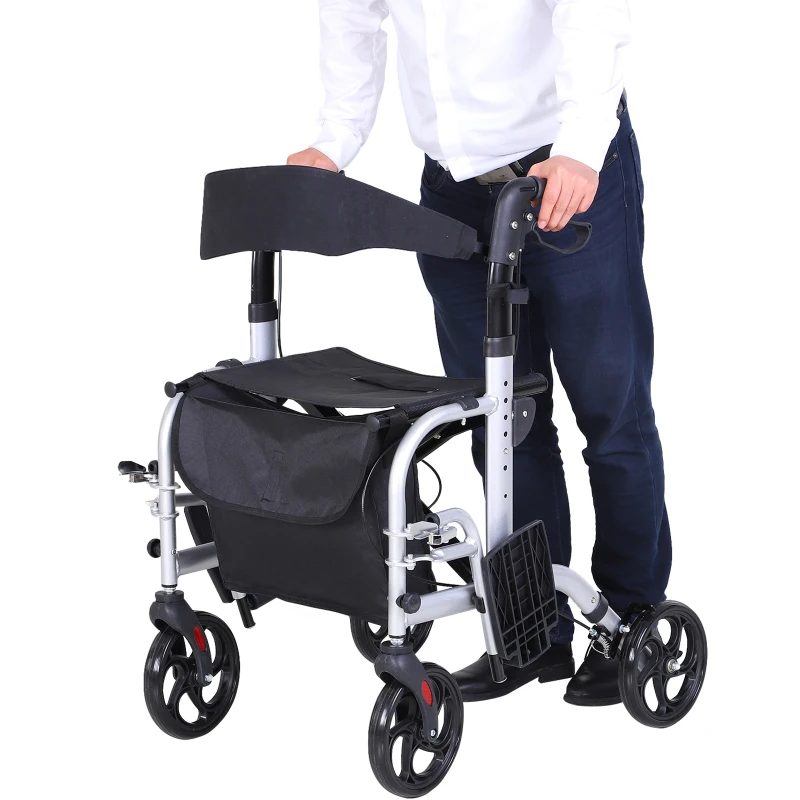 2-in-1 rollator rolstoel aluminium transportstoel loophulp in hoogte verstelbaar, inklapbaar