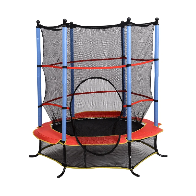 HOMCOM 55" 4.5ft Junior Kids Trampoline With Safety Net Enclosure & Cover Garden Outdoors Round Bouncer Rebounder - Black/Red/Blue