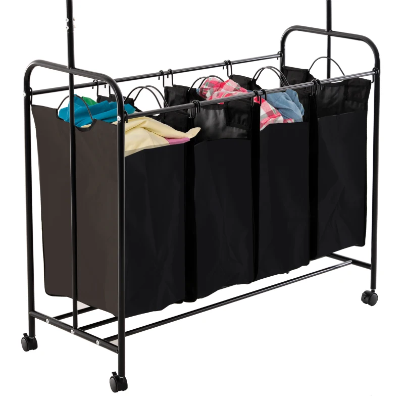 Wasmand wassorteerder waswagen kledingstang 4 sorteervakken op wielen