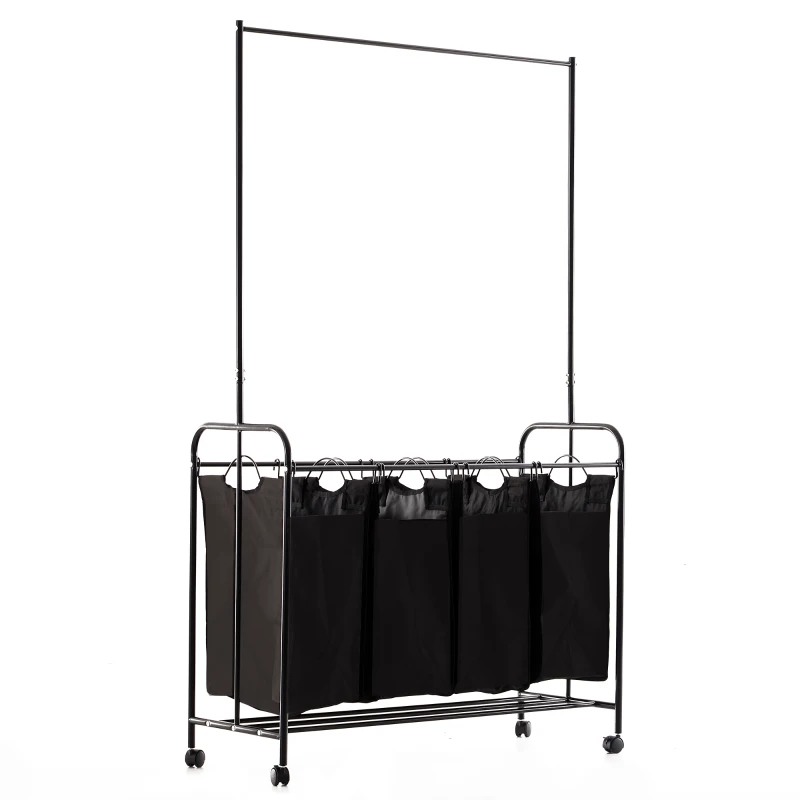 Wasmand wassorteerder waswagen kledingstang 4 sorteervakken op wielen